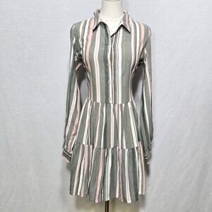 En Creme Women Shirt Sun Dress Ivory Blue Stripe Roll Tab Sleeve‎ Size Small